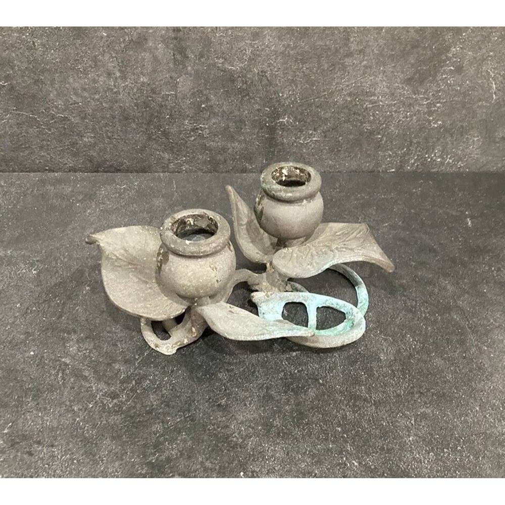 VTG Cast Iron Verdigris  Double Candlestick Holder Leaves Tulip Design Heavy